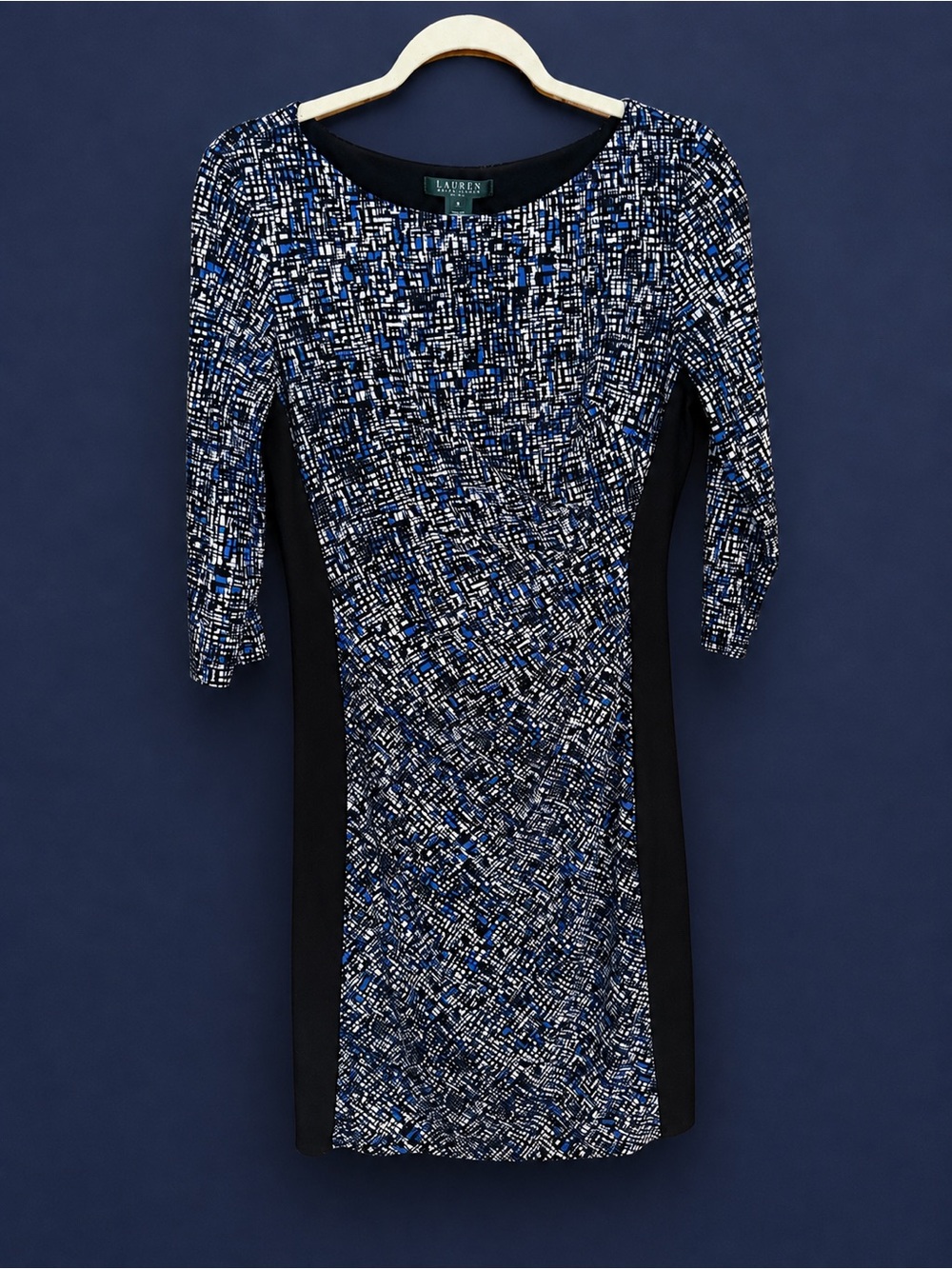 Lauren Ralph Lauren Blue & Black Patterned Long Sleeve Sheath Dress